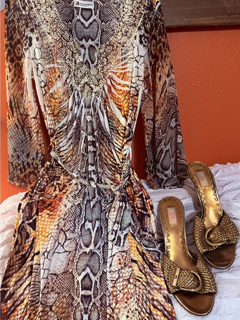MGM Resort International Animal Print V-Neck Wrap Dress in Brown and Gold